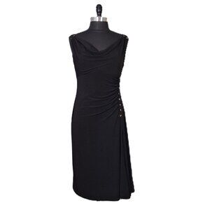 Slimming Black Cocktail Dress 14P Button Detail Deep Cowl Neck Drape MatteJersey